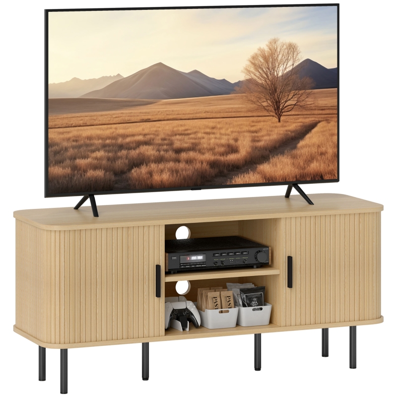HOMCOM Dulap TV cu 2 Dulapuri, 2 Rafturi și 2 Orificii pentru Cabluri, Mobilier TV din Lemn, 120x40x55 cm, Lemn Natural