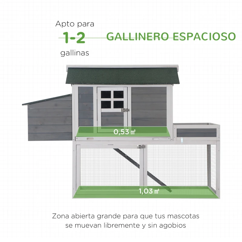 PawHut Gallinero Exterior de Madera Recinto con Nido y Corral Bandeja Extraíble Ventana de Malla Rampa Área de Cultivo 160x80x110 cm Gris y Blanco