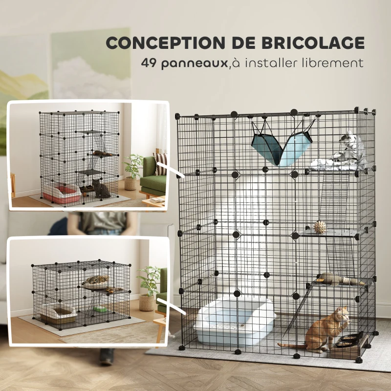 PawHut Cage pour chat d'intérieur parc pour chat en acier à 4 niveaux DIY avec 5 portes hamac 1-3 chats 105 x 70 x 140 cm noir