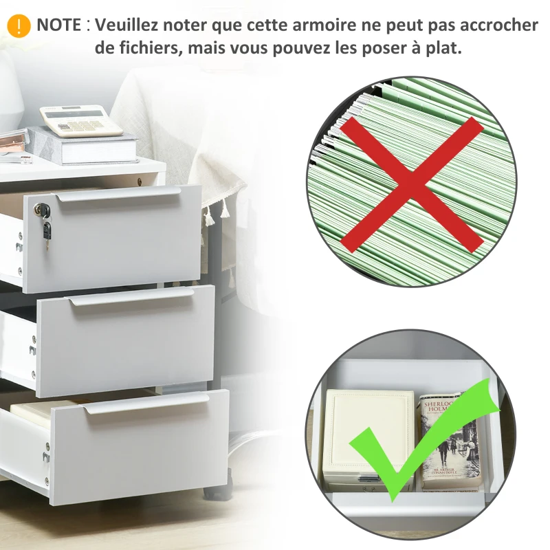 HOMCOM Caisson de bureau à roulettes avec 3 tiroirs et serrure pour dossiers 40 x 40 x 63,5 cm blanc et gris