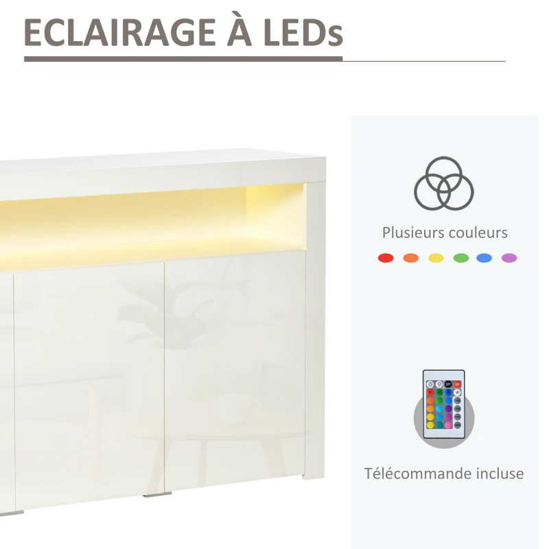 HOMCOM Buffet LED - meuble de rangement LED - 3 placards avec étagère et grande niche - panneaux particules MDF blanc laqué