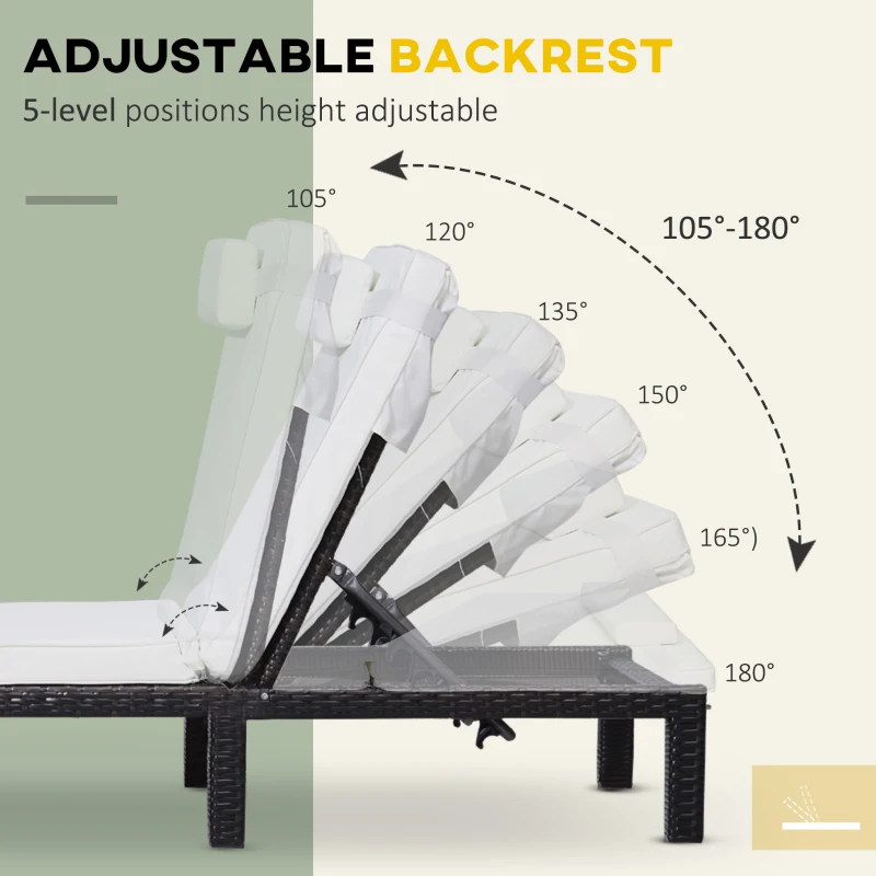 Outsunny Rattan Sun Lounger, 5-Level Adjustable Garden Lounger Recliner with Cushion and Headrest, Outdoor Reclining Sunbed, Steel Frame Garden Chair for Patio, Beach, Terrace, Cream White