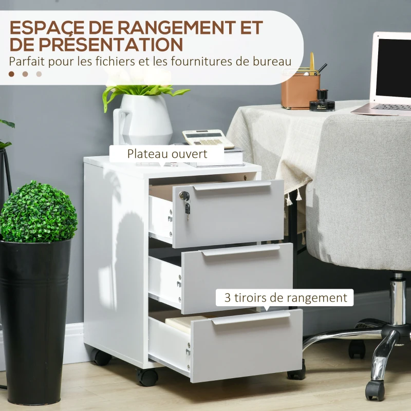 HOMCOM Caisson de bureau à roulettes avec 3 tiroirs et serrure pour dossiers 40 x 40 x 63,5 cm blanc et gris