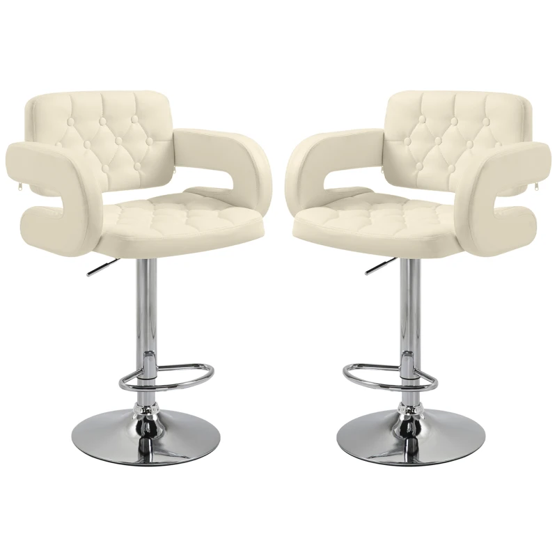 Upholstered Swivel Bar Stool, Set of 2 Height Adjustable Barstool with Back, Armrest, Footrest for Kitchen, White