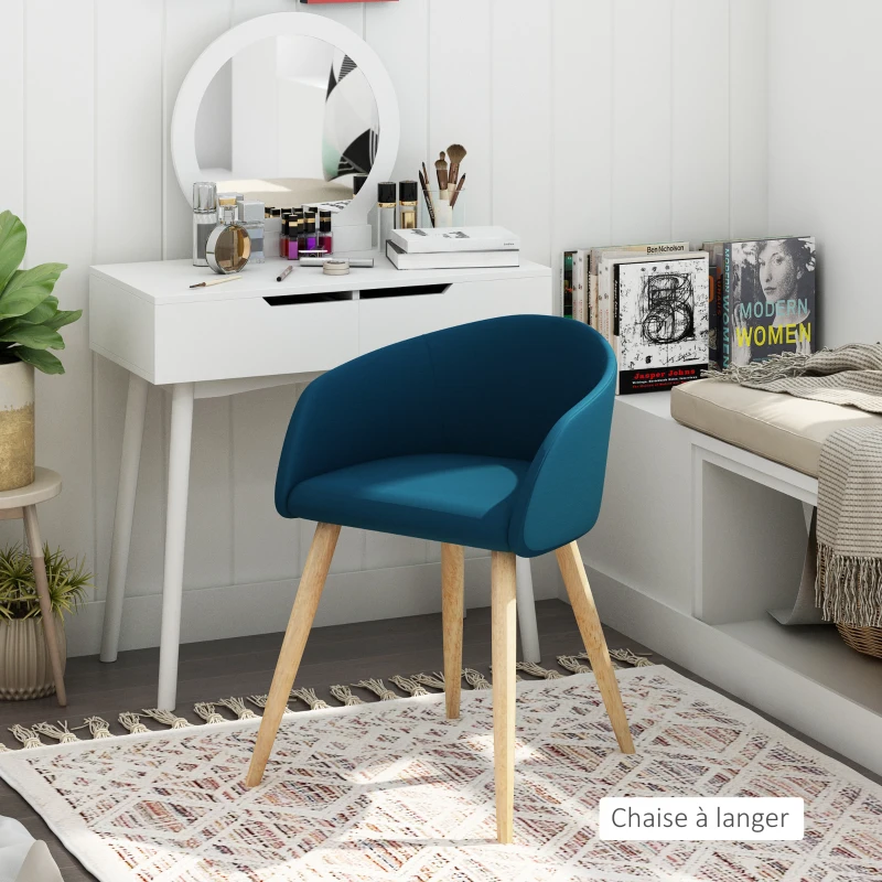HOMCOM Lot de 2 chaises de salle à manger chaise de cuisine Design scandinave - Pieds inclinés effilés Bois Caoutchouc - Assise Dossier accoudoirs ergonomiques Aspect Lin Bleu Canard