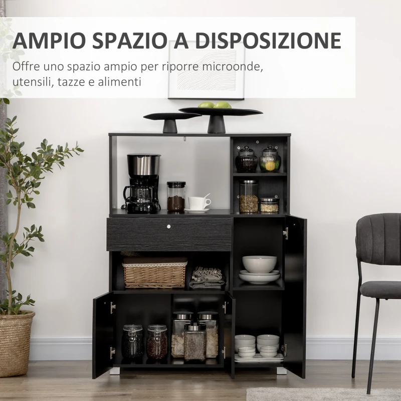 HOMCOM Credenza da Cucina in Legno per Microonde con Armadietti, Mensole e Cassetto, 90x40x120 cm, Nero