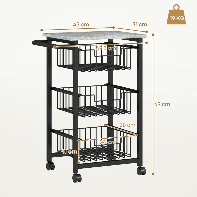 HOMCOM Carrito Verdulero para Cocina con 3 Cestas Deslizables y Marco de Acero 49,5x31x69 cm Gris Claro