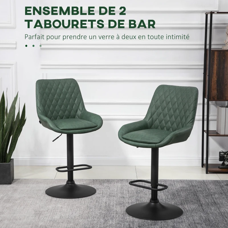 HOMCOM Lot de 2 tabourets de bar en similicuir hauteur réglable pivotant à 360° dossier et repose-pieds vert foncé