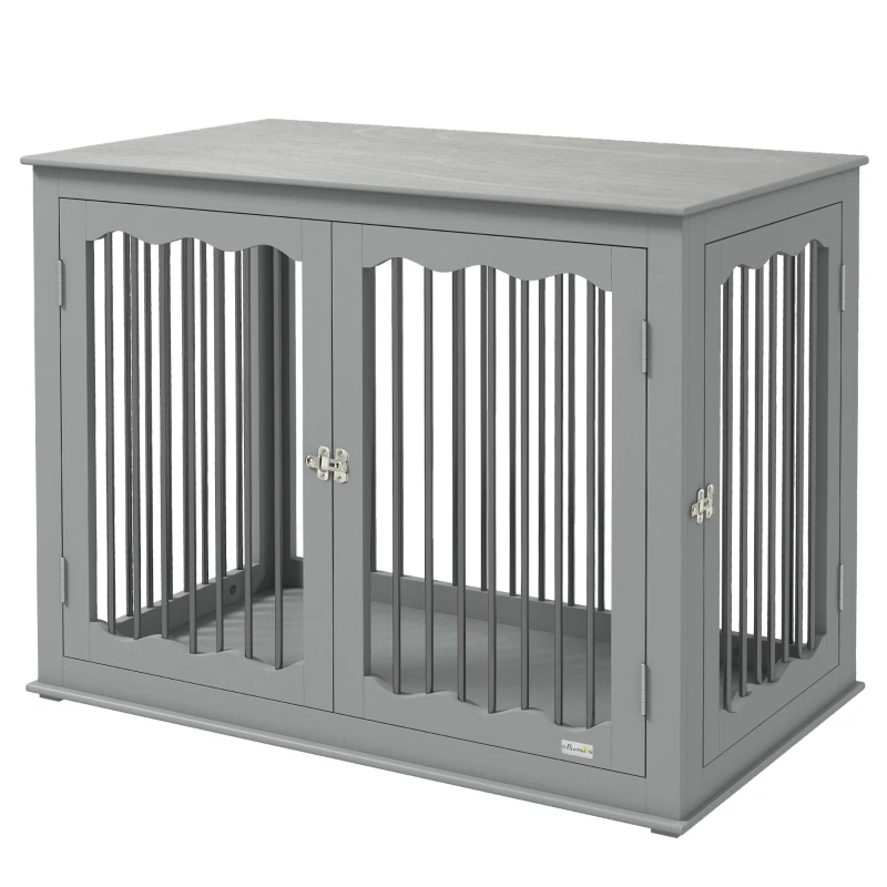 PawHut Dog Crate, End Table, with Three Doors, Locks, Latches for Large Dogs, Indoor Use - Grey