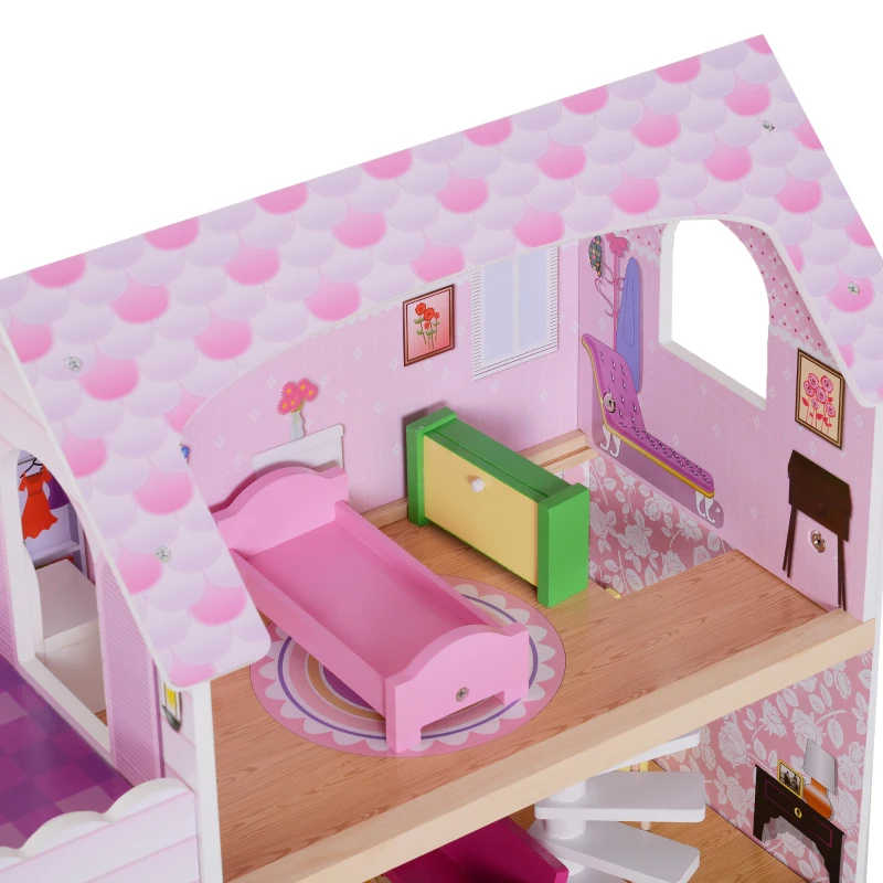 HOMCOM Casa de Muñecas con 13pcs 60x30x71,5 cm Muebles Mobiliario Casita Muñeca Juguete Madera 3 Pisos Casa de Juguete Bella de Madera Rosa