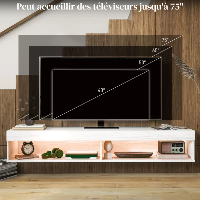 HOMCOM Meuble TV suspendu mural avec éclairage LED pour téléviseurs jusqu'à 75 pouces, étagères, 180L x 40l x 30H cm, blanc