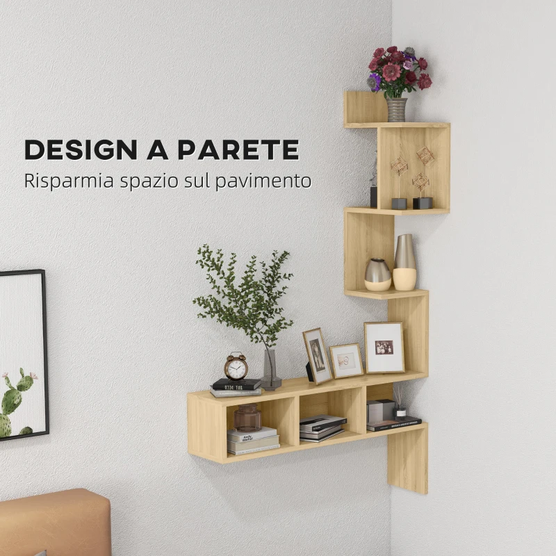 HOMCOM Mensola Portaoggetti in MDF con Ripiani Aperti per Soggiorno e Camera da Letto, 80x20x128.5 cm, Rovere