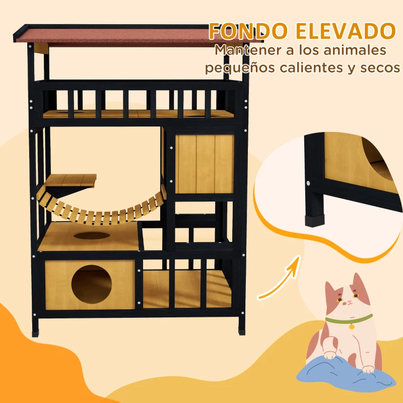 PawHut Casa para Gatos de 4 Niveles 84x60x116 cm Refugio para Gatos con Puente Colgante Balcón y Techo Asfáltico Natural
