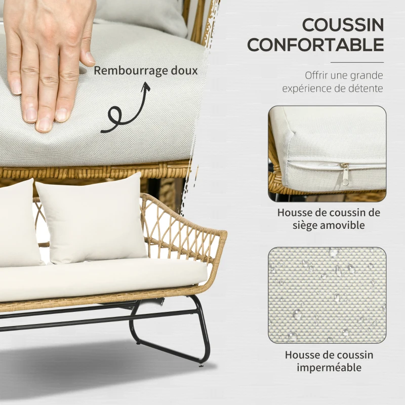 Outsunny Salon de jardin 4 pièces en résine tressée canapé 2 places + 2 fauteuils + 1 table basse sable et crème