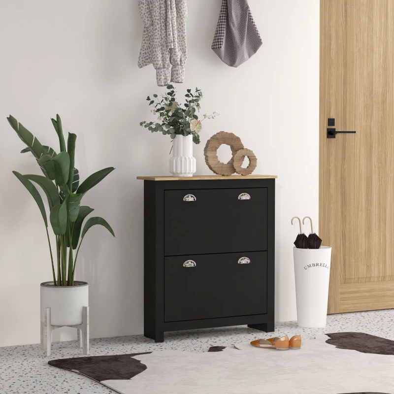 HOMCOM Armoire à chaussures 2 portes abattantes 2 compartiments poignées coquilles métal 79 x 23 x 90,5 cm noir chêne