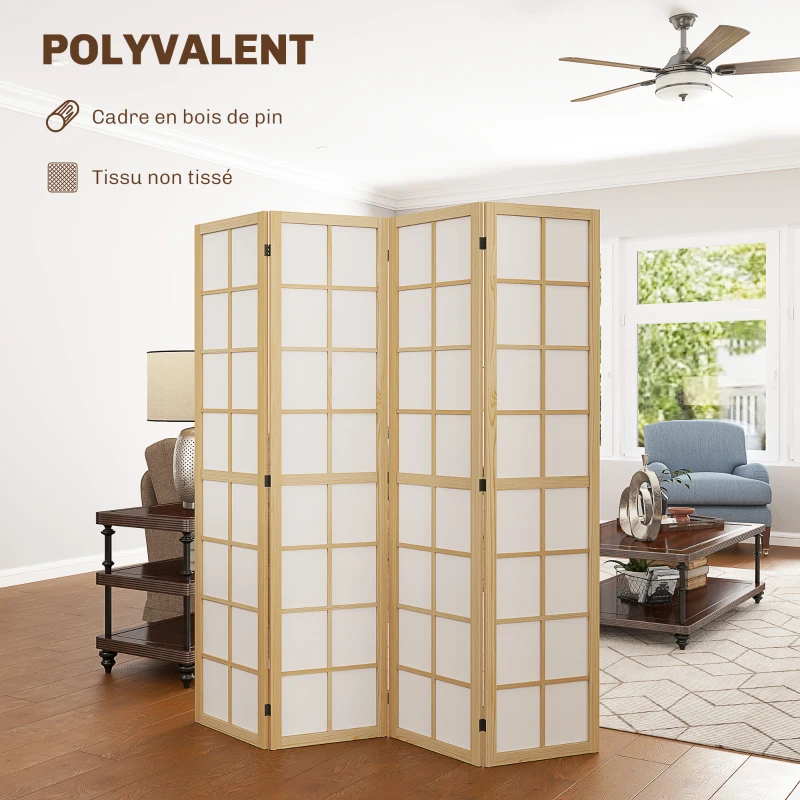 HOMCOM Paravent interieur pliable 4 panneaux 160 x 170 cm séparateur de pièce pour salon chambre à coucher maison, naturel