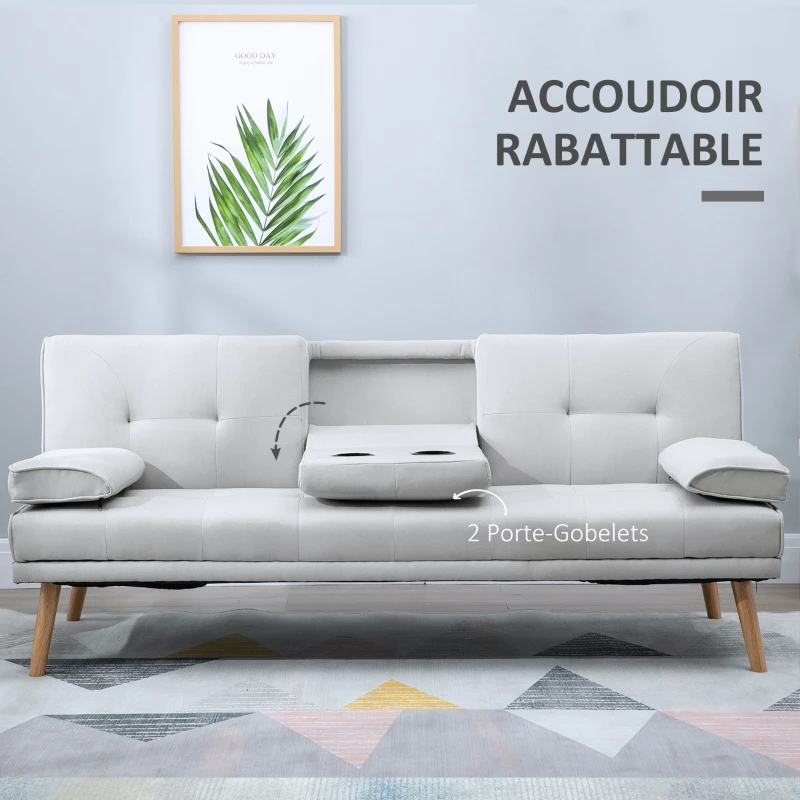 HOMCOM Canapé convertible 3 places, canapé-lit rembourré avec dossier réglable 3 niveaux, 2 coussins et 2 porte-gobelets intégrés, tissu de lin, pour salon, chambre d'amis, petit espace, gris clair