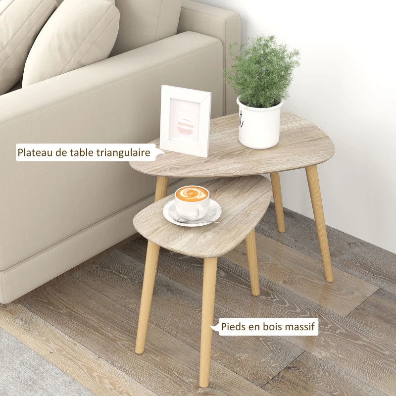 HOMCOM Lot de 2 tables basses gigognes design scandinave pieds en bois et plateau en bois, aspect naturel