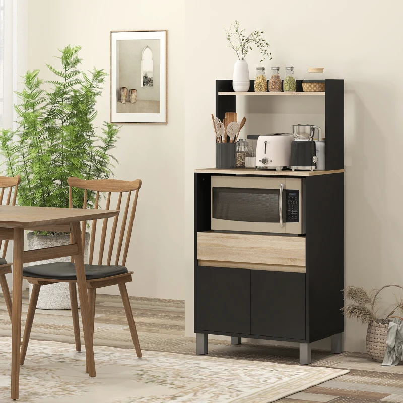 HOMCOM Meuble desserte de cuisine pour micro-ondes avec placard tiroir étagère supérieur 60 x 40 x 131 cm naturel et noir