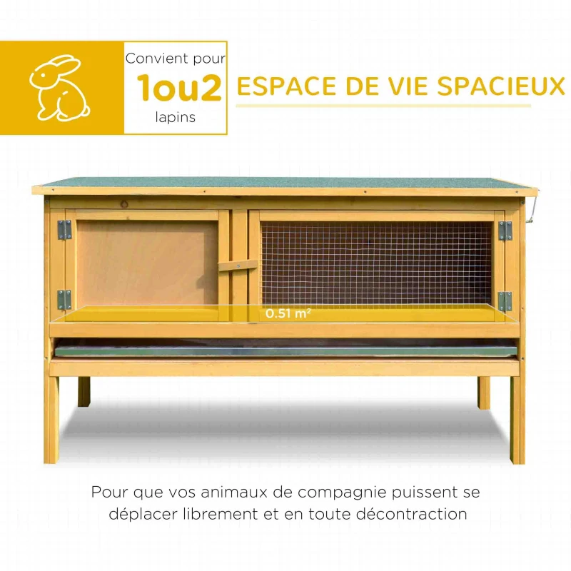 PawHut Cage lapin clapier lapin extérieur 2 portes bac coulissant pieds surélevés en bois massif 115 x 44,3 x 65 cm jaune clair