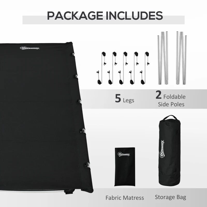 Outsunny Lightweight Camping Bed, Aluminium Portable Camp Cot w/ Strong Support 150kg and Carry Bag for Camping, Black