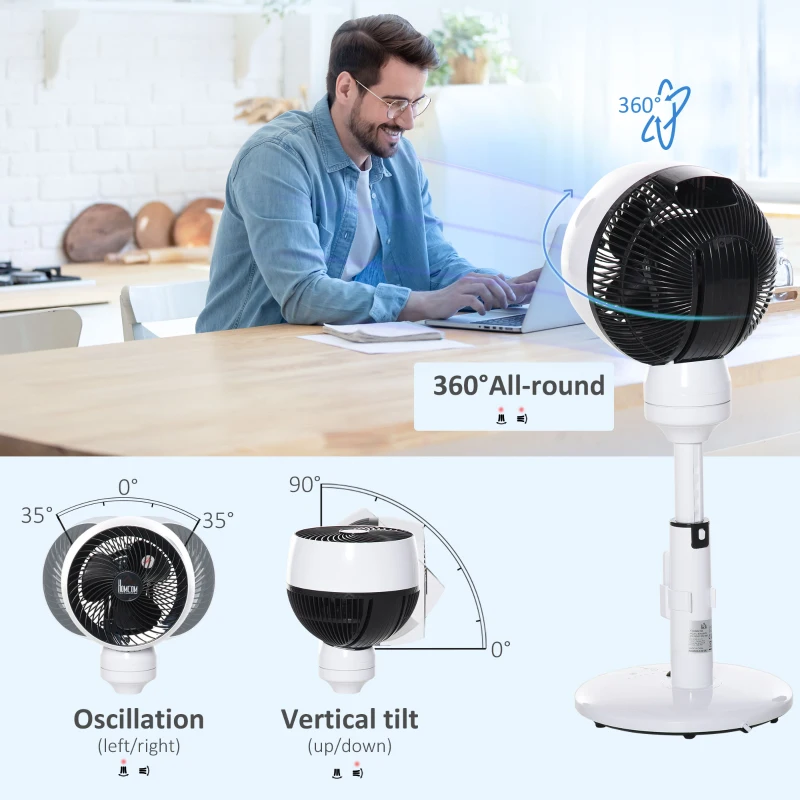 HOMCOM 9'' Air Circulator Fan 3 Speed 3 Mode, 70° Oscillation 90° Vertical Tilt, Height Adjustable, Remote Controller, for Living Room, Bedroom, Office, Black and White