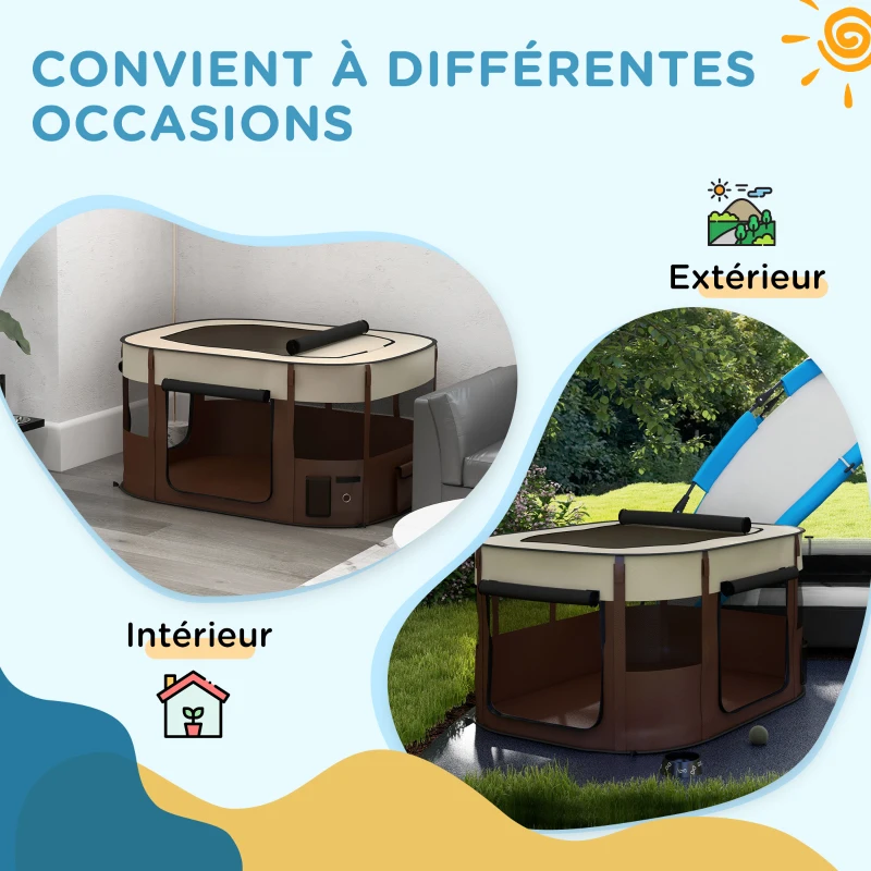 PawHut Parc pliable pour animaux de compagnie parc pour chiots en tissu Oxford avec fenêtres et portes sac de rangement marron