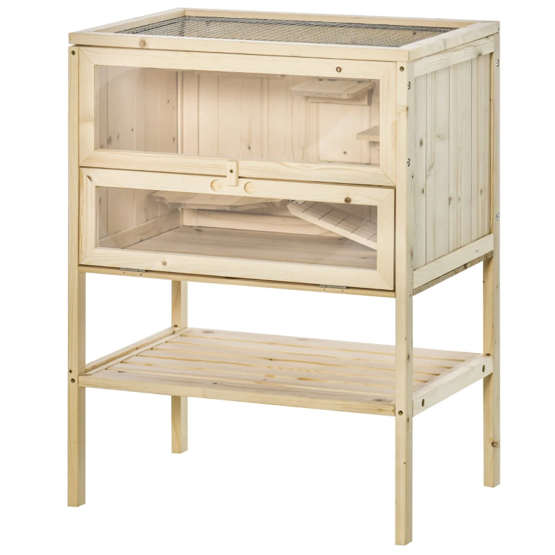 PawHut Jaula de Madera para Hámster Ratones Casa de Juegos con 5 Plataformas Rampa Techo Abatible Ventana Cristal Plástico y Estante Inferior 60x40x80 cm Natural