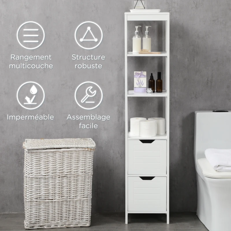 kleankin Meuble colonne de salle de bain armoire haute meuble rangement avec 3 étagères et 2 tiroirs en bois - 30 x 30 x 144 cm