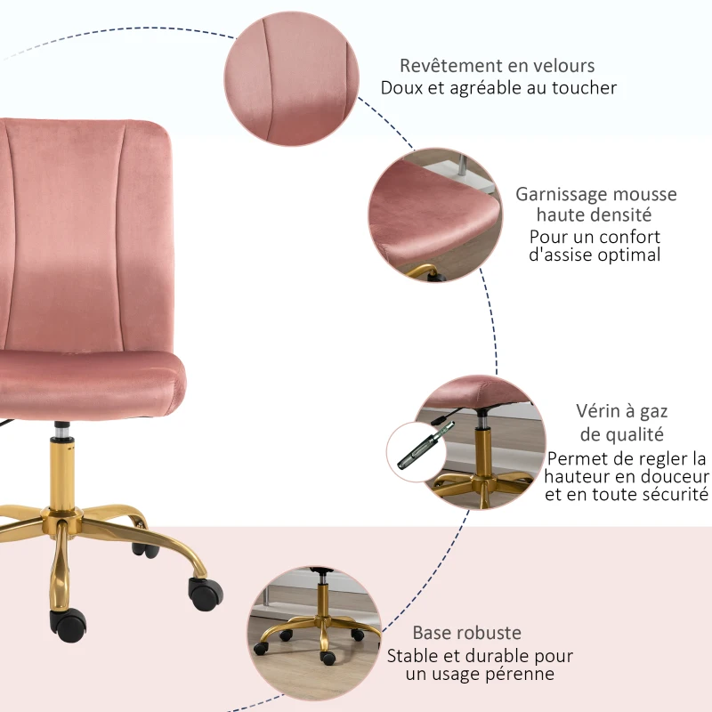 Vinsetto Chaise de bureau design contemporain fauteuil pivotant 360° ergonomique dossier incurvé hauteur réglable revêtement velours 56 x 60 x 102 cm rose et doré