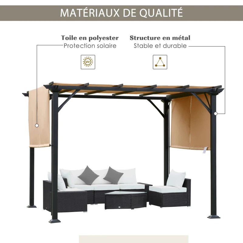 Outsunny Pergola rétractable 3L x 3l x 2H m structure métal époxy anticorrosion noir double toile polyester haute densité beige