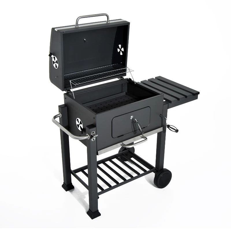 Griglia Barbecue 2 Griglie di Cottura 4 Palette Laterali 1 Cassetta Regolabile in Altezza 4 Comodi Gancini 2 Rotelle e 1 Maniglia Acciaio Inox e Ferro Grigio Certificato GS 115×56×108cm