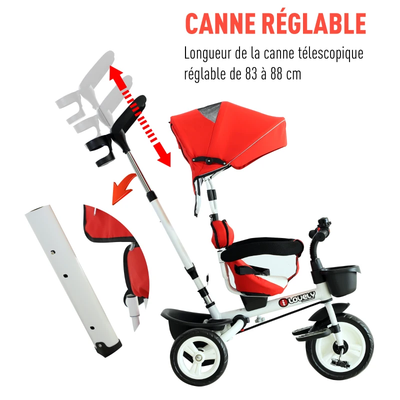 HOMCOM Tricycle enfant évolutif pliable pare-soleil pliable canne télescopique amovible 118L x 53l x 105H cm métal blanc rouge noir