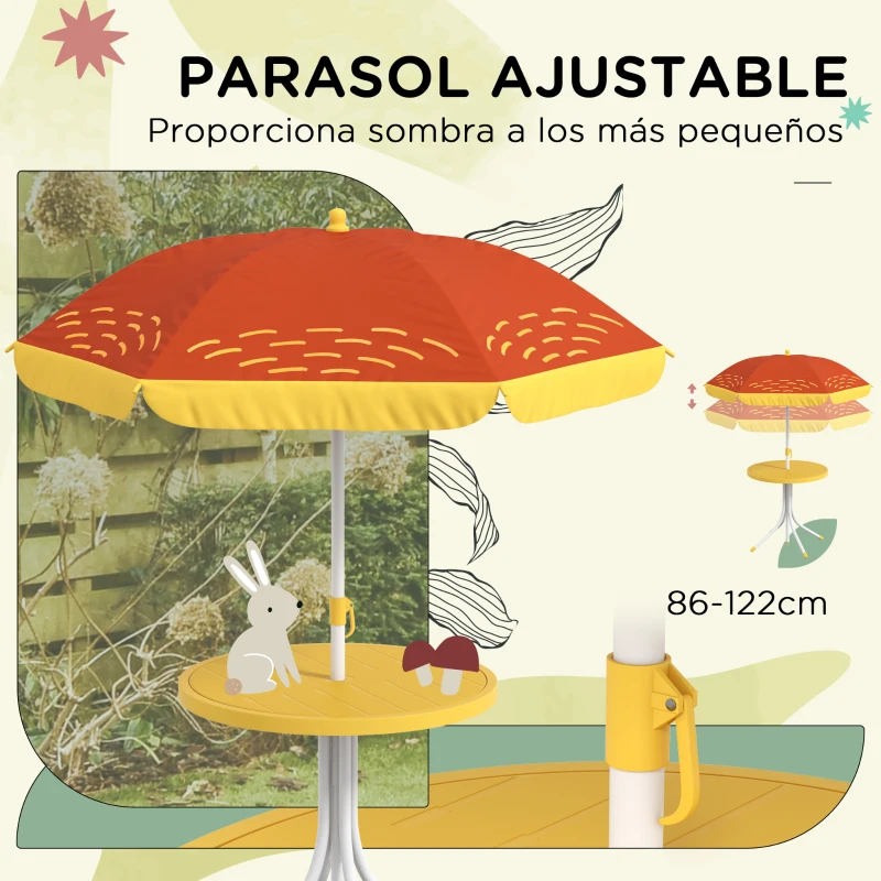 Outsunny Set de 2 Sillas Plegables y Mesa para Niños Mesa con Sombrilla Ajustable en Altura Temática de León para Jardín Amarillo
