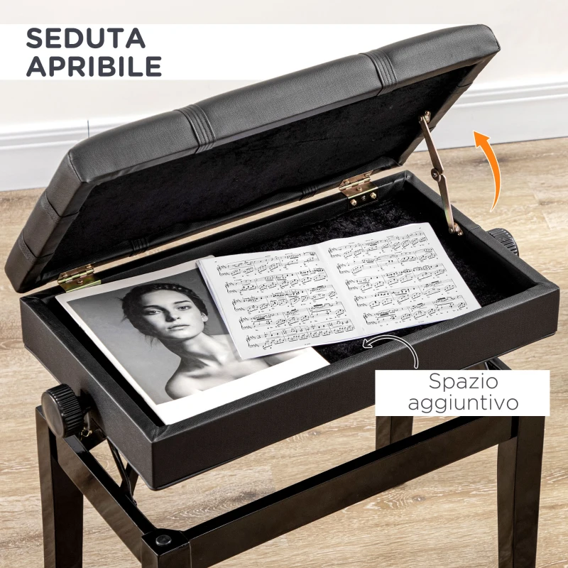HOMCOM Sgabello per Pianoforte con Altezza Regolabile e Contenitore in Legno e Finta Pelle, 63x35x46-56cm, Nero