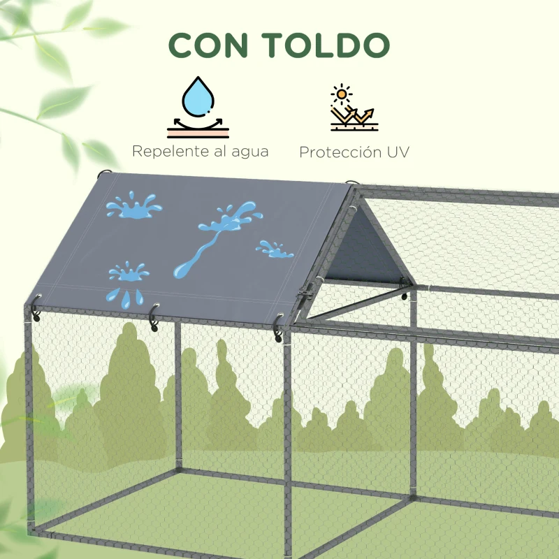 PawHut Parque para Mascotas de Acero con 1 Puerta Superior y 1 Tela Superior de Anti-UV para Exterior 198x100x120 cm Plata
