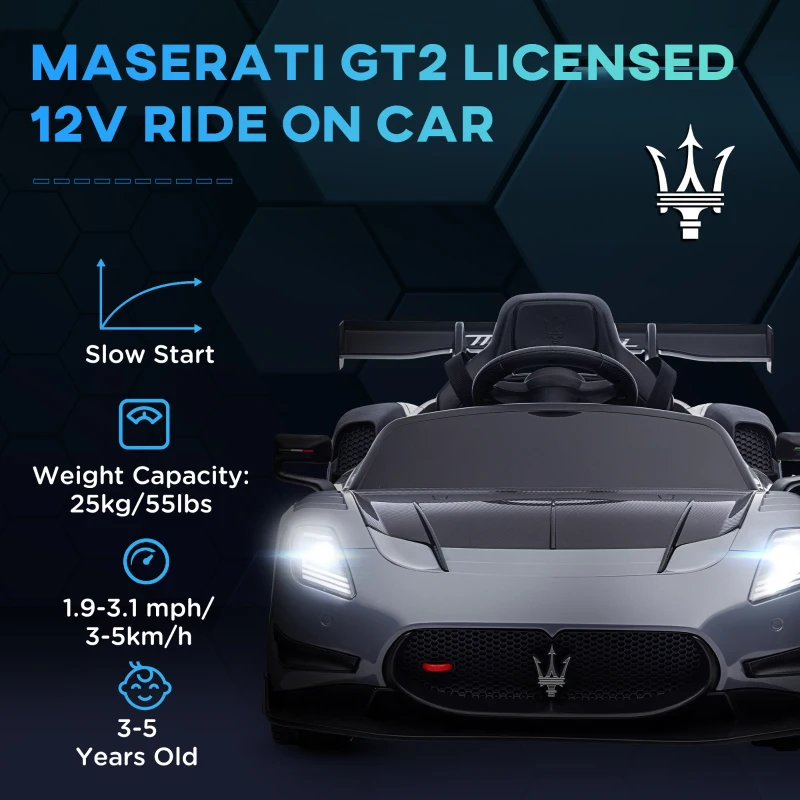AIYAPLAY Maserati GT2 Licensed 12V Kids Electric Ride on Car with 4 Suspension Wheels, Remote Control, Music, Horn, Lights, Grey