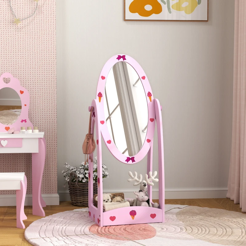 AIYAPLAY Kids Full Length Mirror, 360° Rotating Children Standing Mirror with Storage Shelf, Pink
