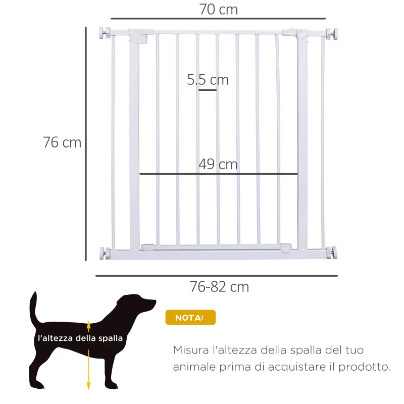 PawHut Cancelletto di Sicurezza per Animali Allargabile Facile Installazione con Supporti a Pressione Acciaio Resistente con  una Finitura Verniciata a Polvere Bianco 76x76-82cm