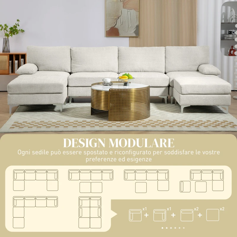 HOMCOM Divano Componibile 4 Pezzi con Poggiapiedi e Cuscini, in Tessuto effetto Ciniglia, 313x149x88 cm, Bianco Crema
