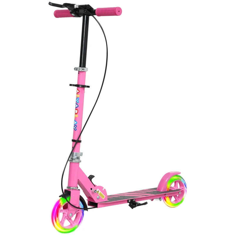 AIYAPLAY Scooter for Kids Aged 3-8 Years, with Adjustable Handle, Two Light Up Wheels, Handbrake, Rear Brake, Pink