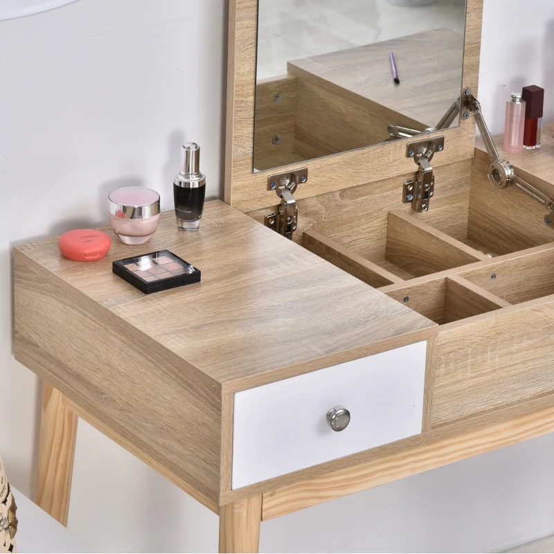 HOMCOM Tavolo da Trucco Moderno con Specchio Estraibile, Organizer Gioielli, 2 Cassetti e Sgabello, Color Legno