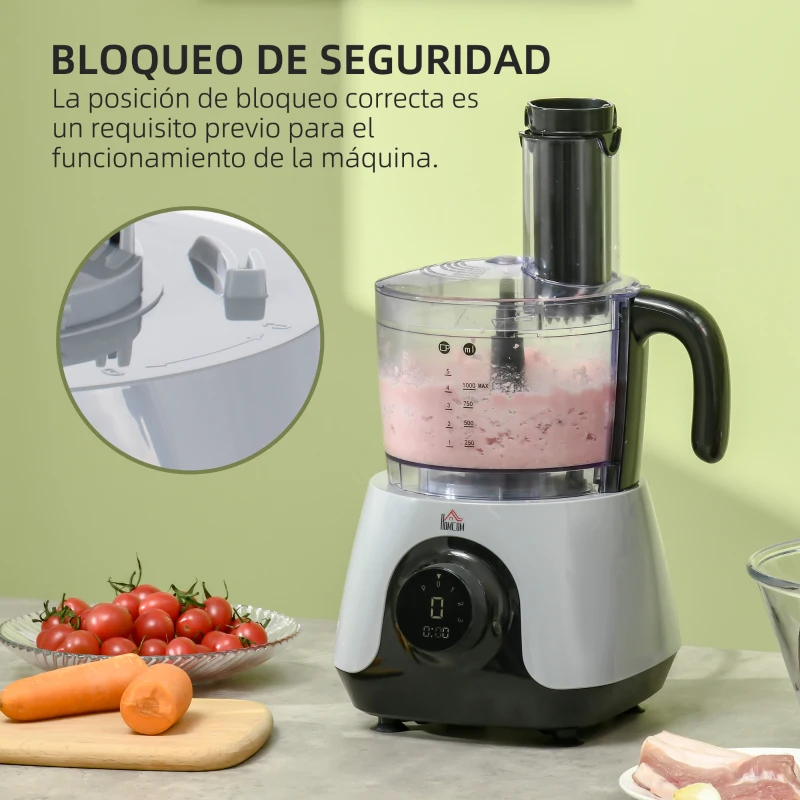 HOMCOM Procesador de Alimentos 650W Bol de 1L Vaso de 1,25L Amasador Batidora Exprimidor con 3 Velocidades 23,5x21x17,5 cm Plata