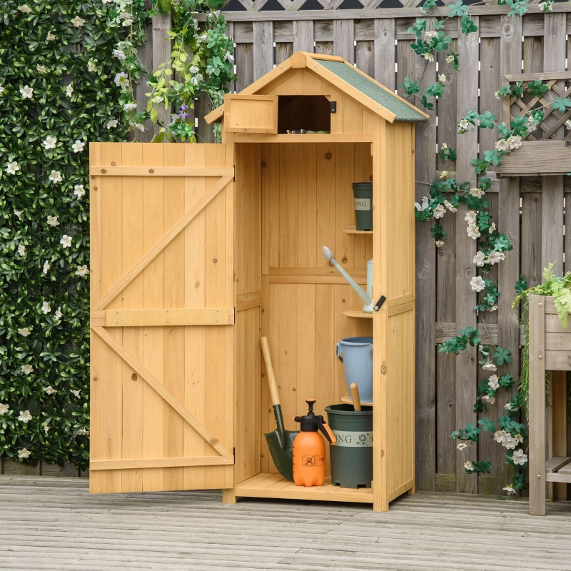 Outsunny Armoire de jardin extérieur abri de jardin en bois abri pour outils 3 étagères 2 Portes loquets Toit Pente bitumé rangement et stockage extérieurs pour terrasse 77 x 54 x 179 cm jaune