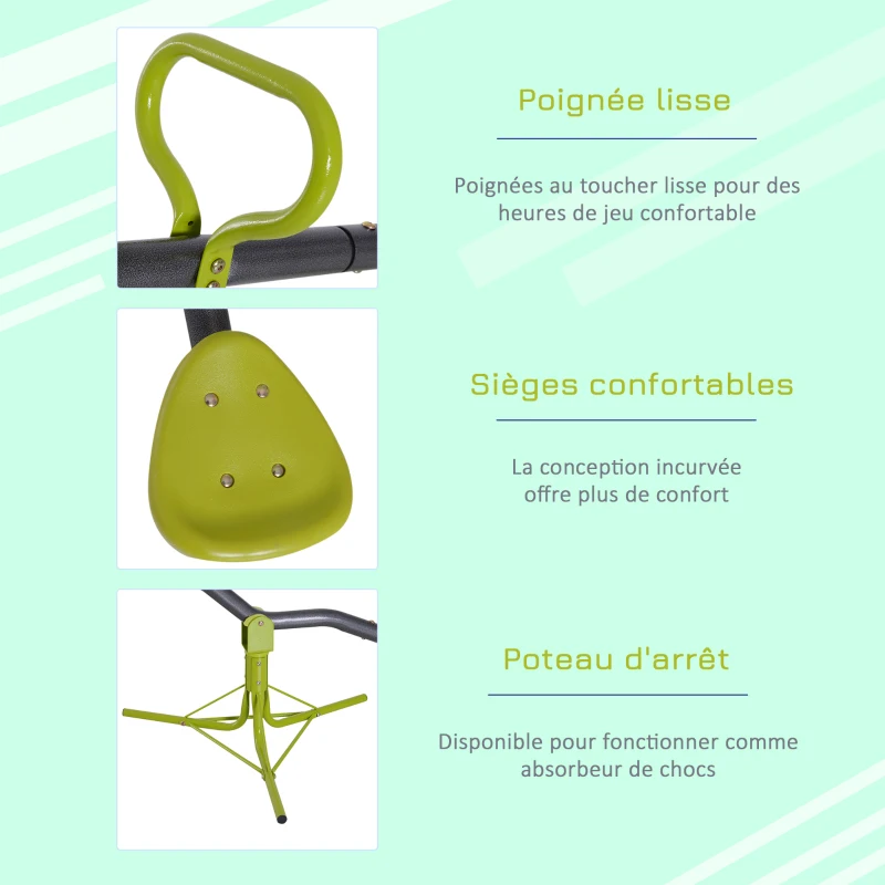 HOMCOM Balançoire à bascule trébuchet rotative 360° pour enfants 3-7 ans en métal et PE - dim. 180L x 65l x 53H cm vert