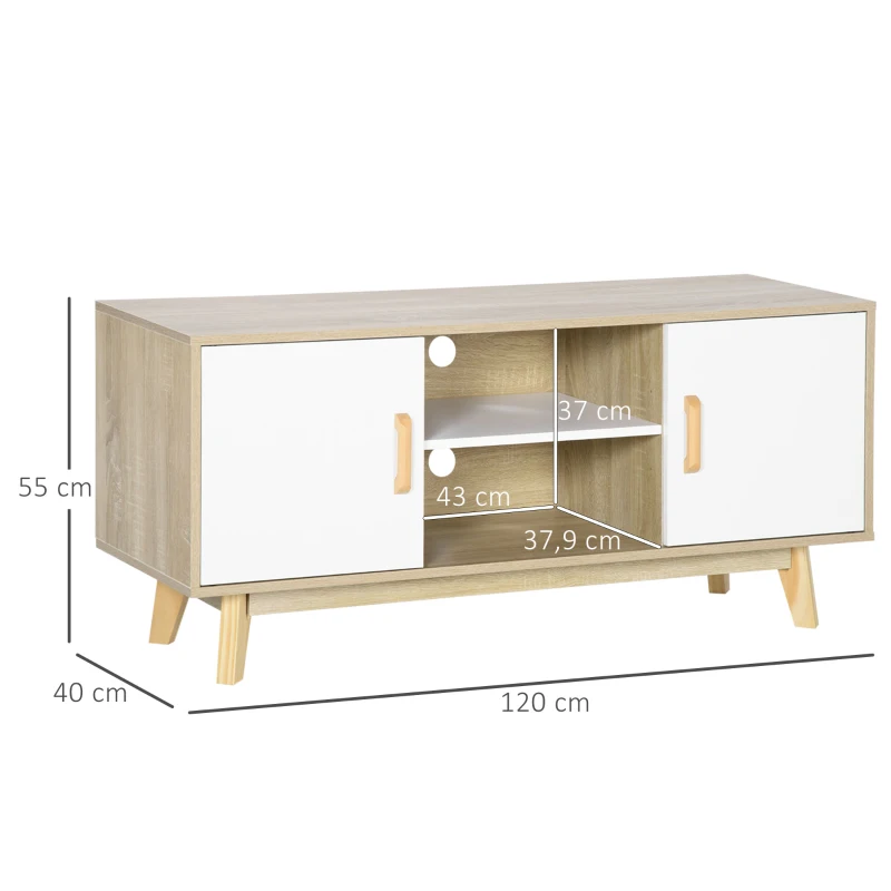 HOMCOM Meuble TV Banc TV scandinave 2 niches et 2 rangements avec Portes - dim. 120I x 40P x 55H cm - Bois Blanc Chêne