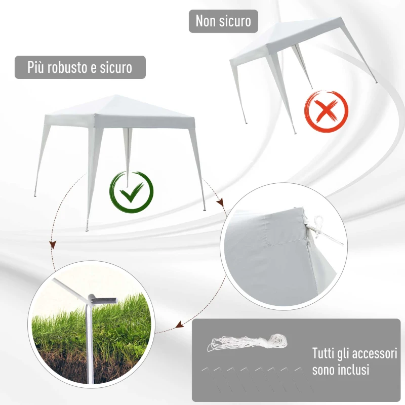 Outsunny Gazebo Pieghevole da Giardino 2.4x2.4m con Struttura in Acciaio e Corde Antivento, Bianco