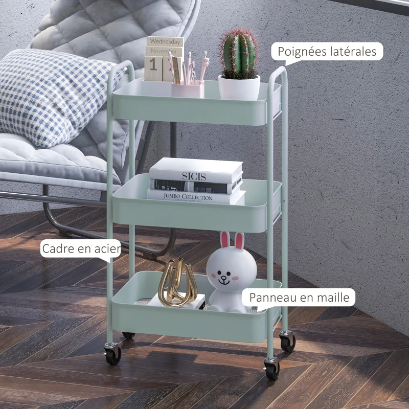 HOMCOM Desserte chariot de rangement en acier chariot de service à roulettes 3 plateaux ajourés 45 x 30,6 x 79 cm bleu clair