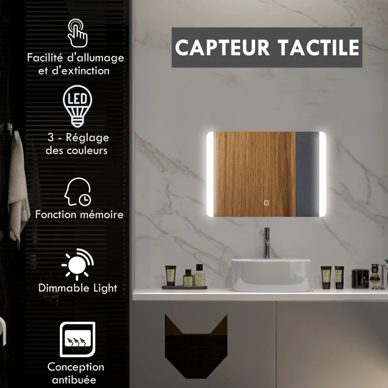 HOMCOM Miroir de salle de bain rectangulaire lumineux LED fonction anti-buée luminosité réglable 50 x 70 cm argent