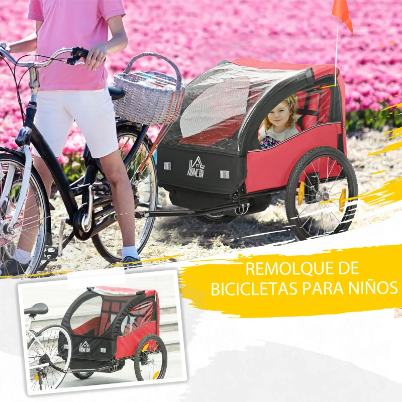HOMCOM Remolque de Bicicleta para Niños +18 Meses con Cinturón de Seguridad Sistema de Amortiguador 140x88x90 cm Rojo